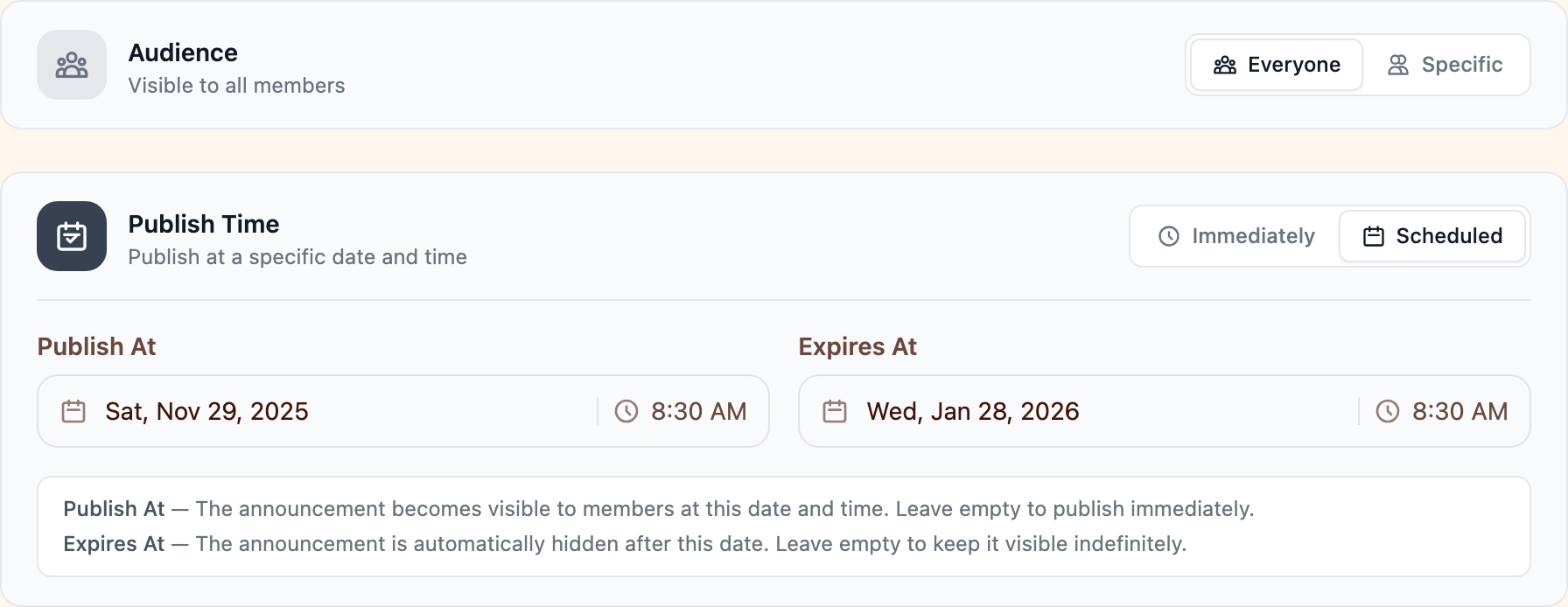 Audience and delivery settings with targeting and scheduling options