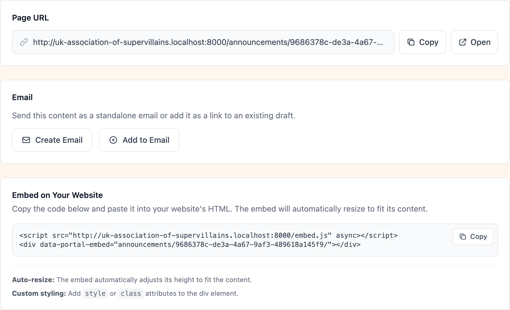 Sharing tab with page URL, email, and embed options
