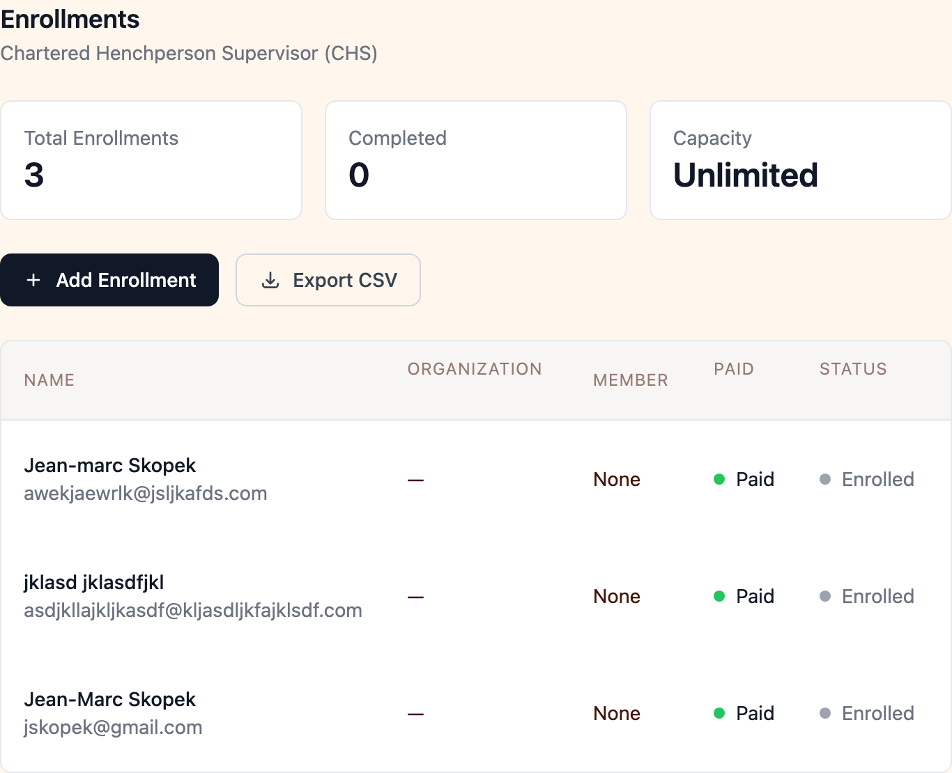Enrollments tab with student list and management actions