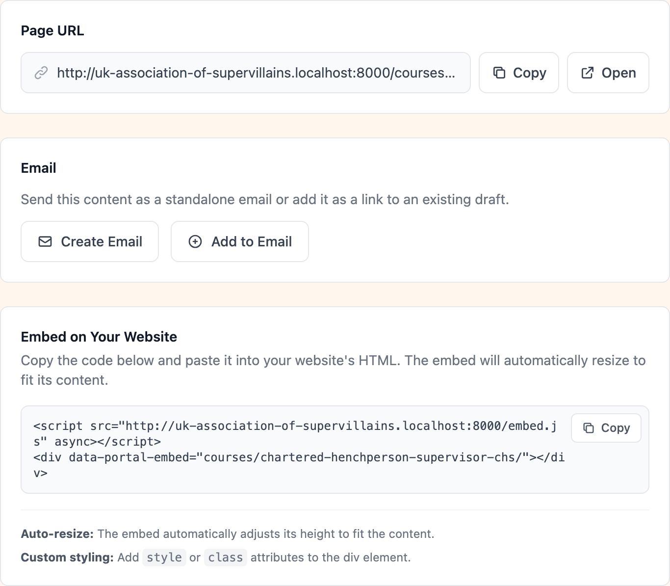 Sharing tab with page URL, email, and embed options