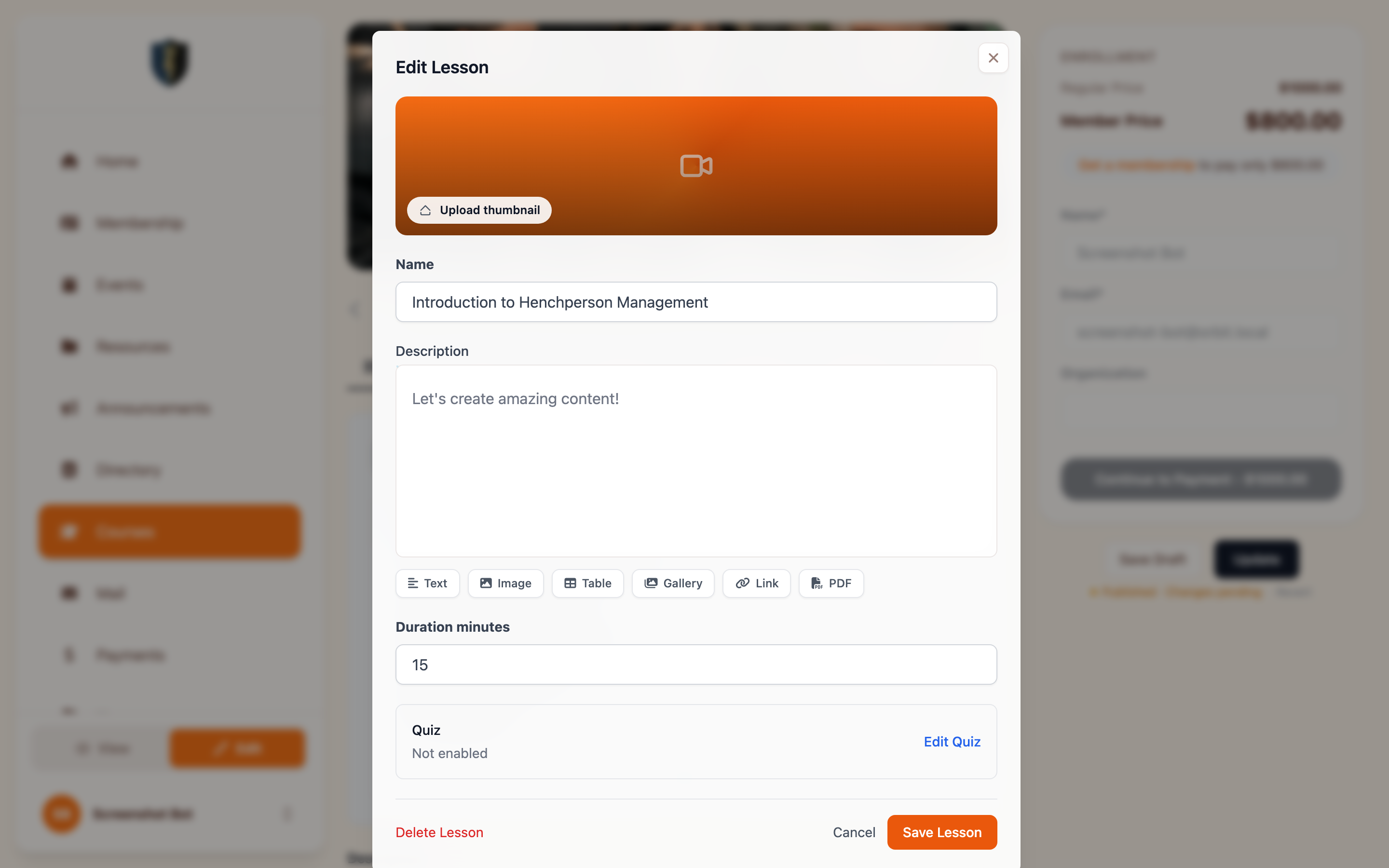 Lesson edit modal with name, description, content, and quiz settings