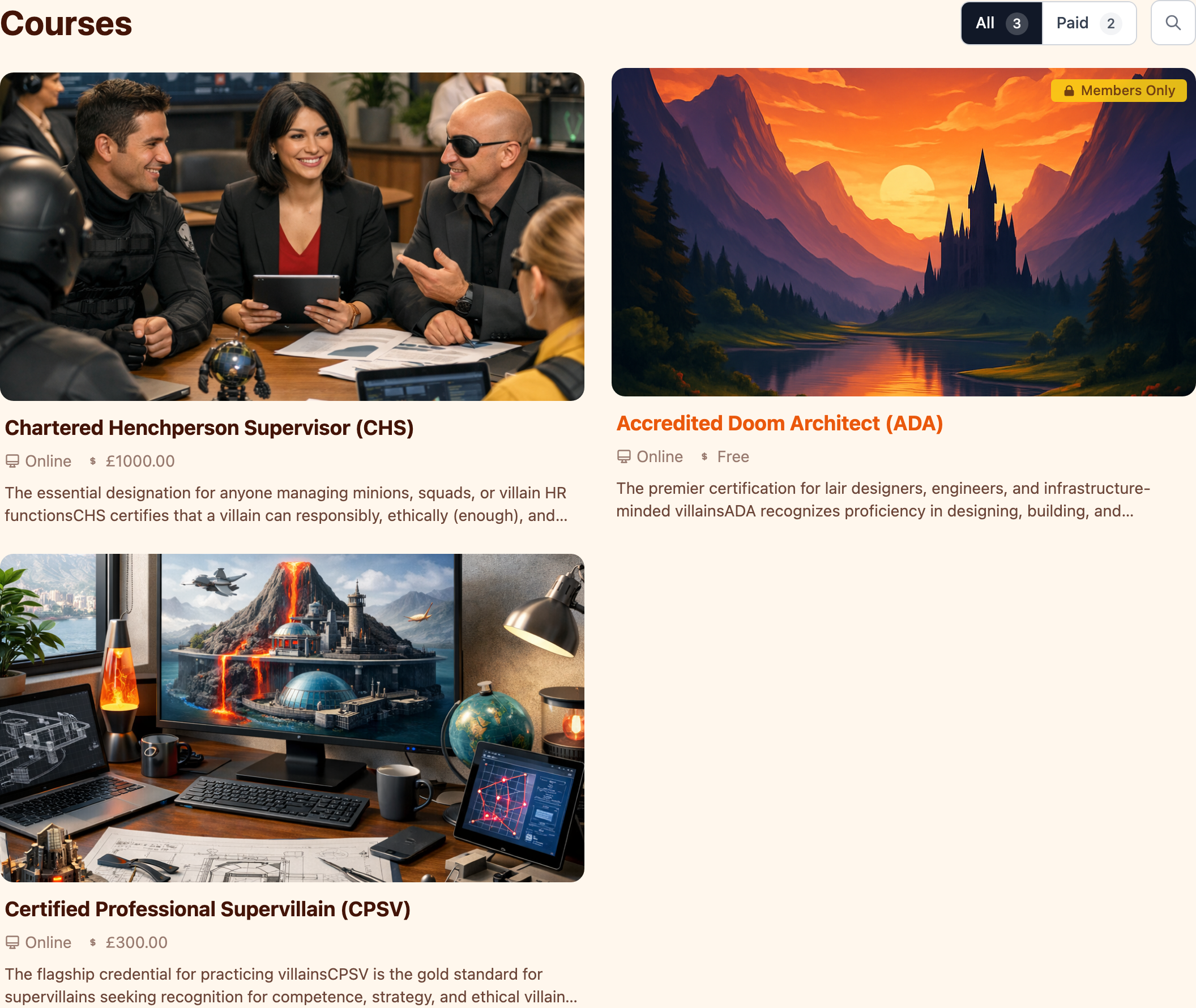 Public course listing with filtering