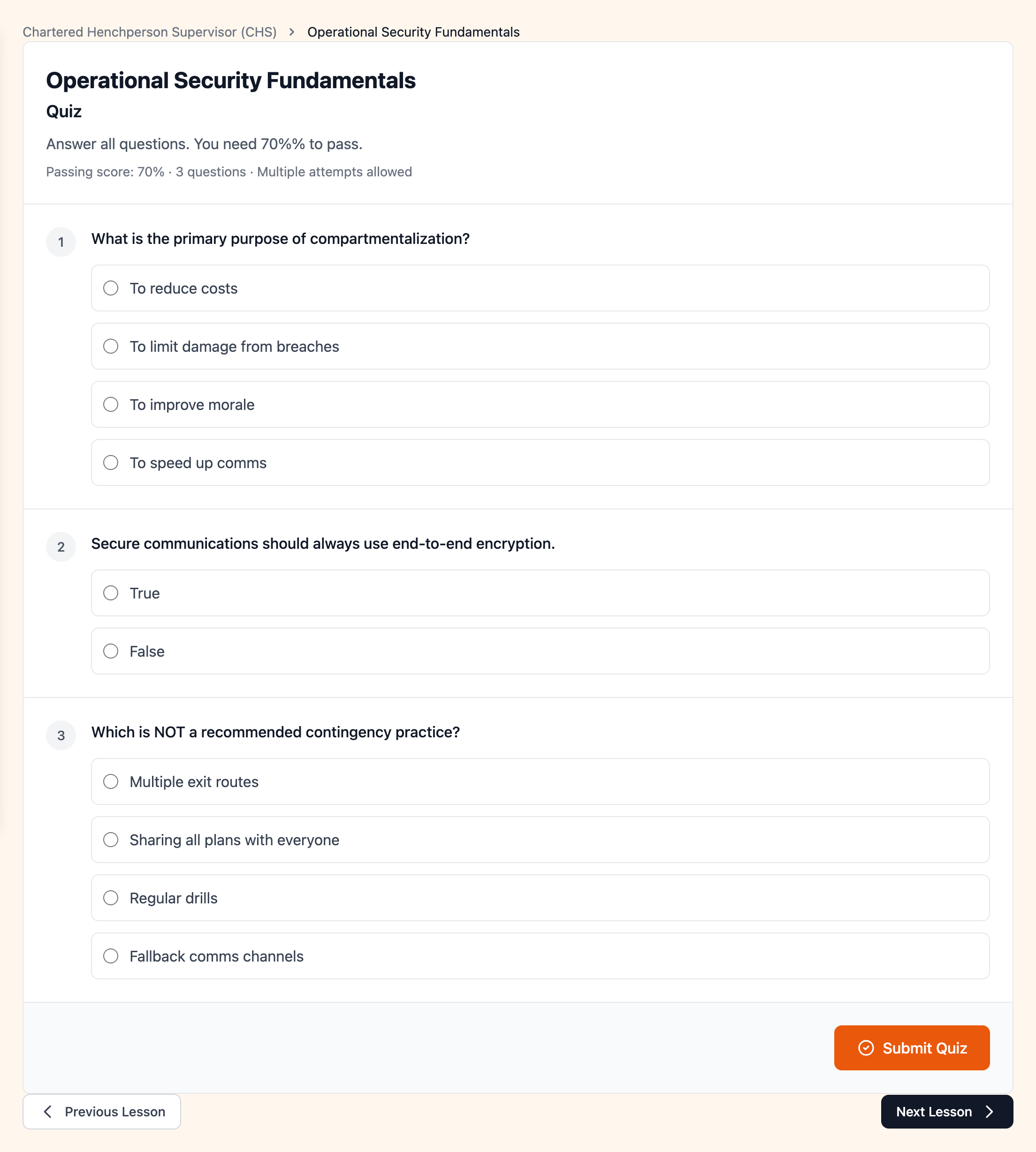 Student quiz view with multiple choice and true/false questions
