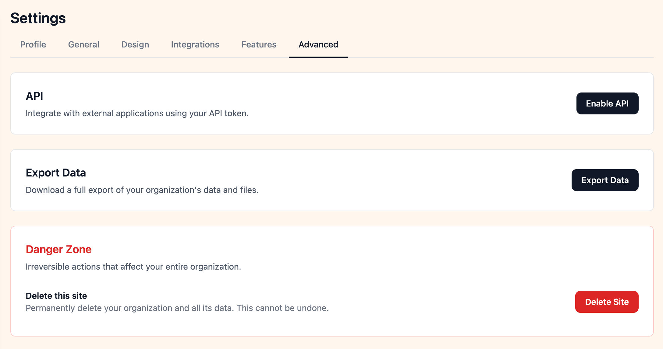 Advanced settings page with full site export and site deletion options