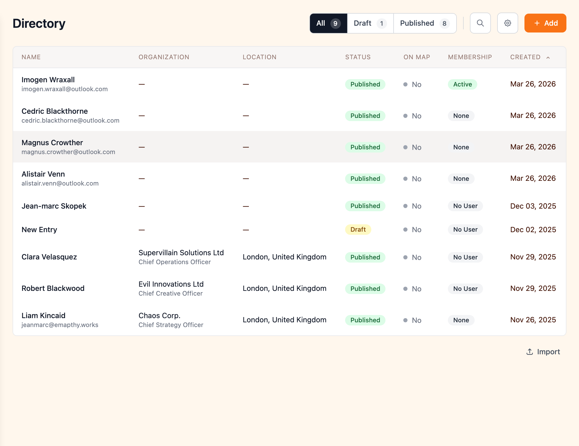 Directory admin list in the admin portal