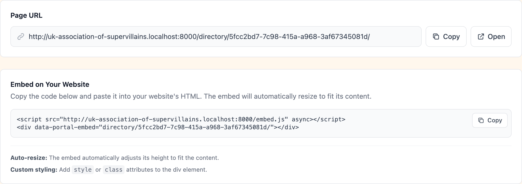 Sharing tab with page URL, email, and embed options