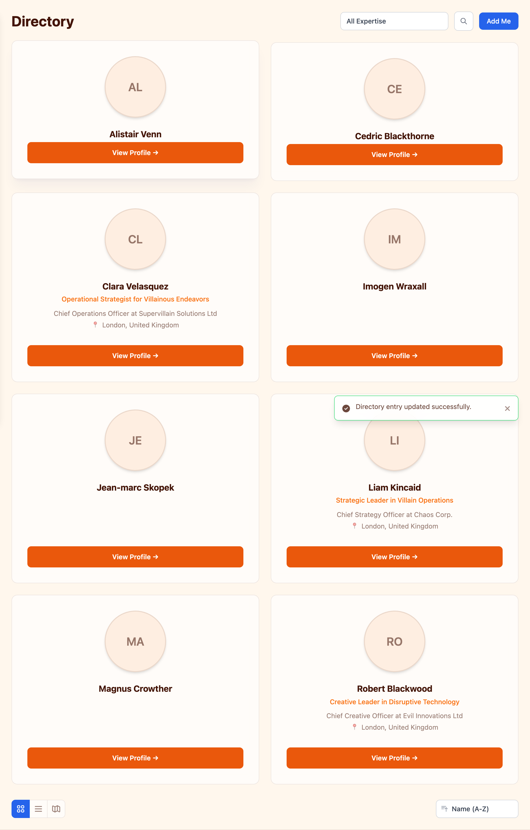 Public directory in card view with search and filtering