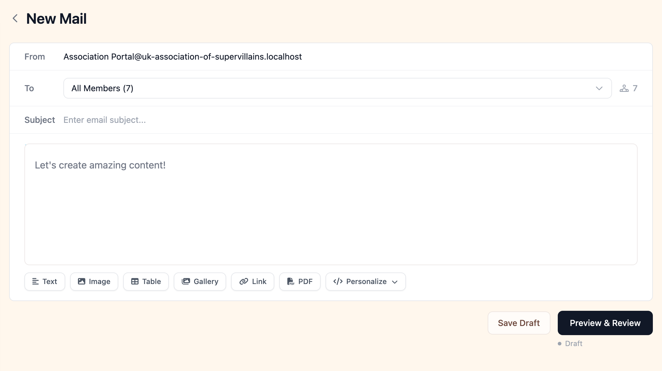 Email compose interface with audience targeting and rich editor
