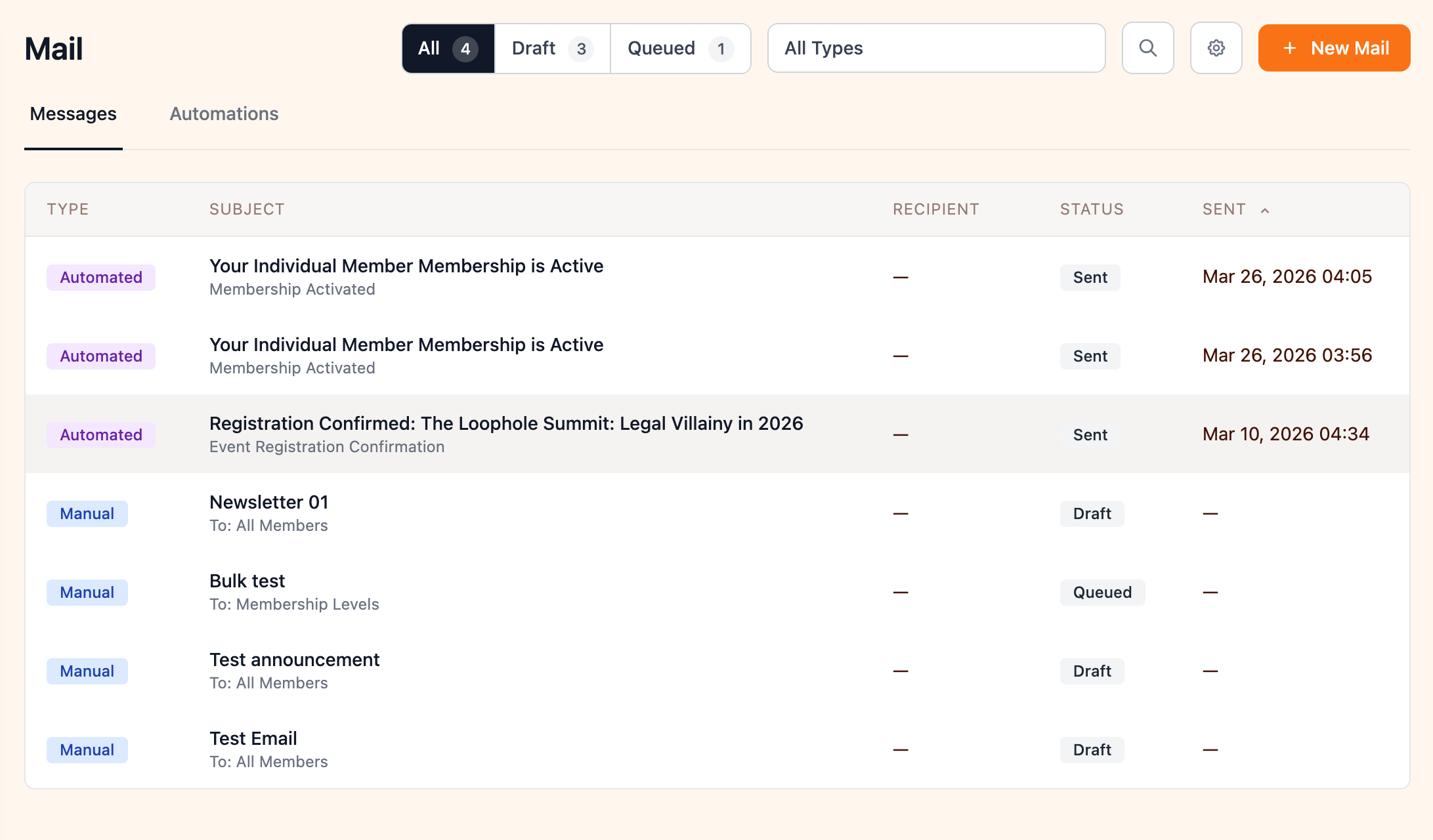 Email list in the admin portal