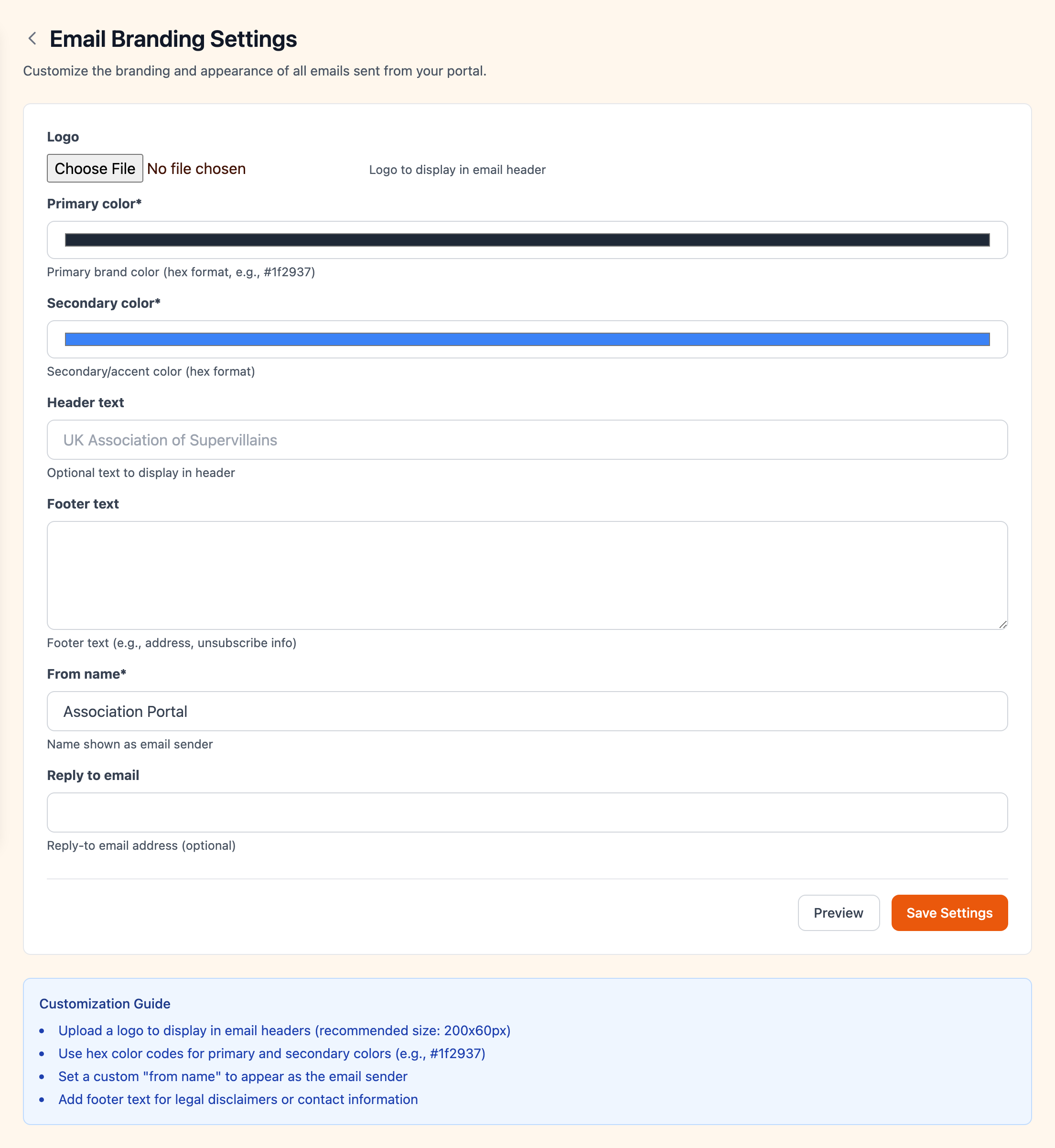Email branding settings with logo, colors, and footer configuration