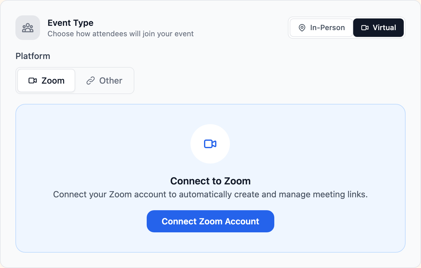 Event type selector with in-person and virtual options