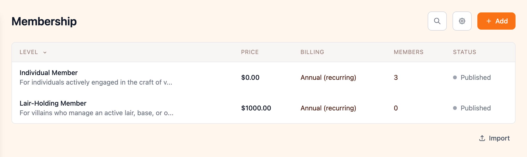 Membership levels list in the admin portal