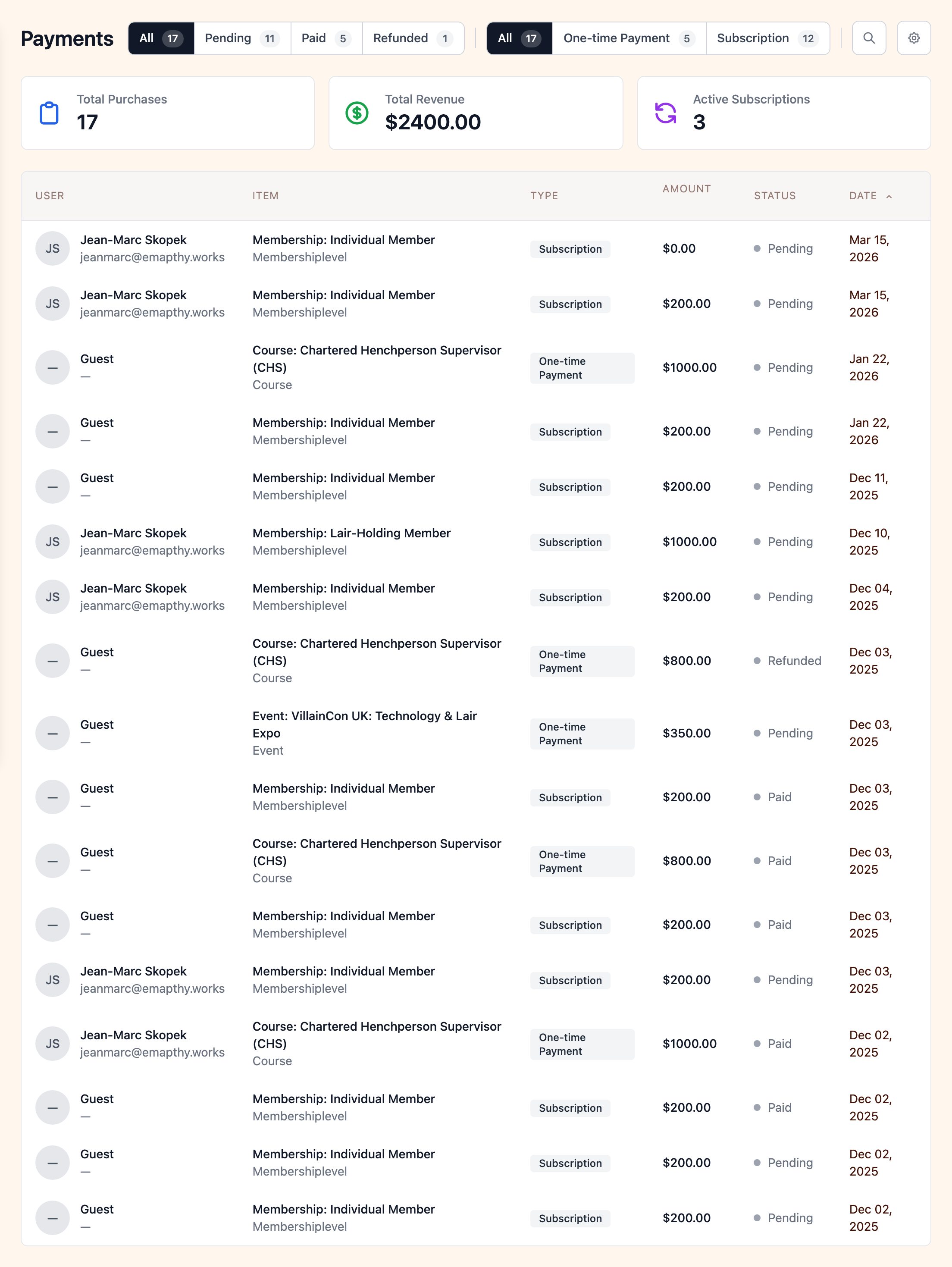 Payments list with purchase details and status