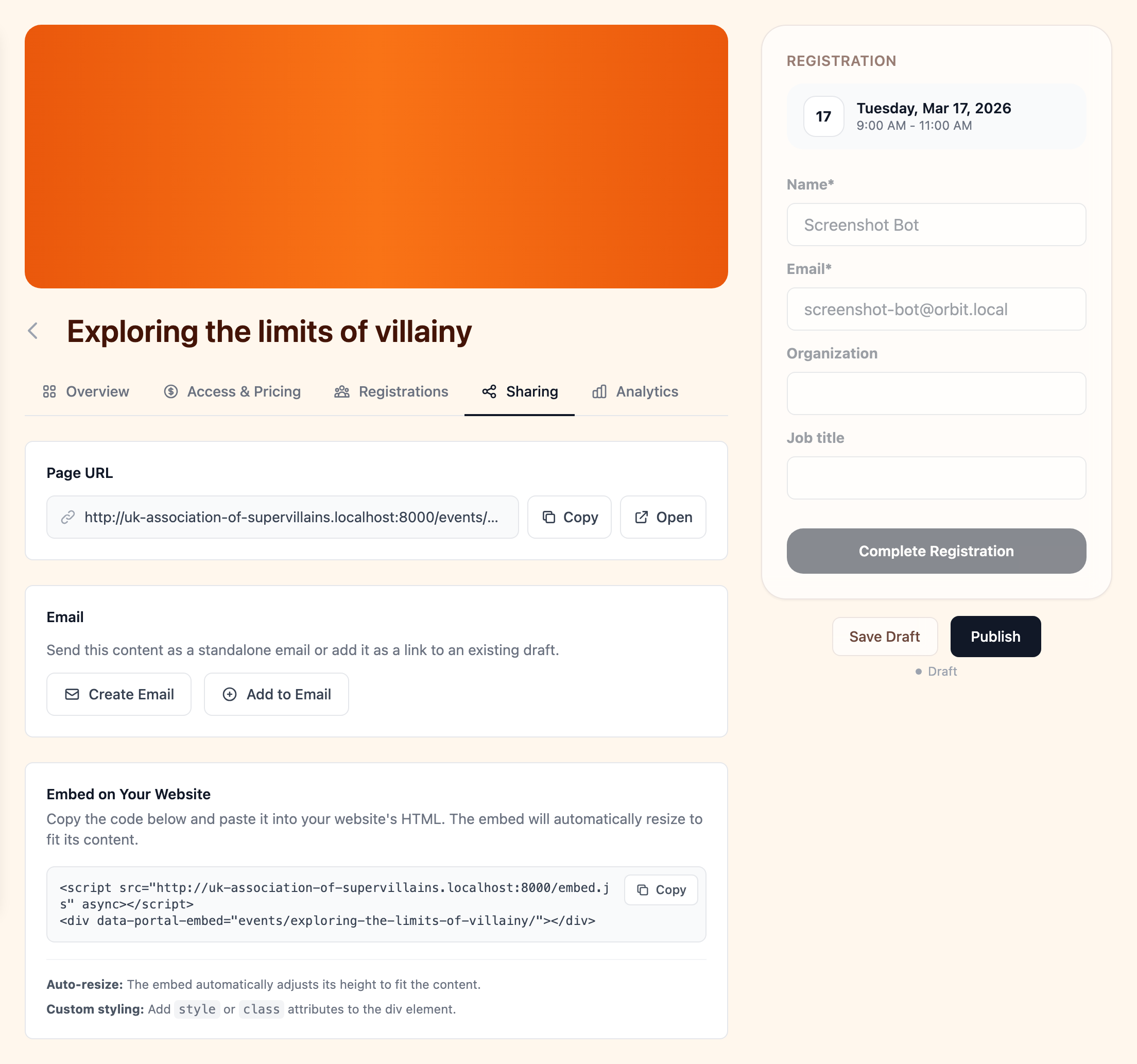 Sharing tab with direct link, email, social media, and embed options
