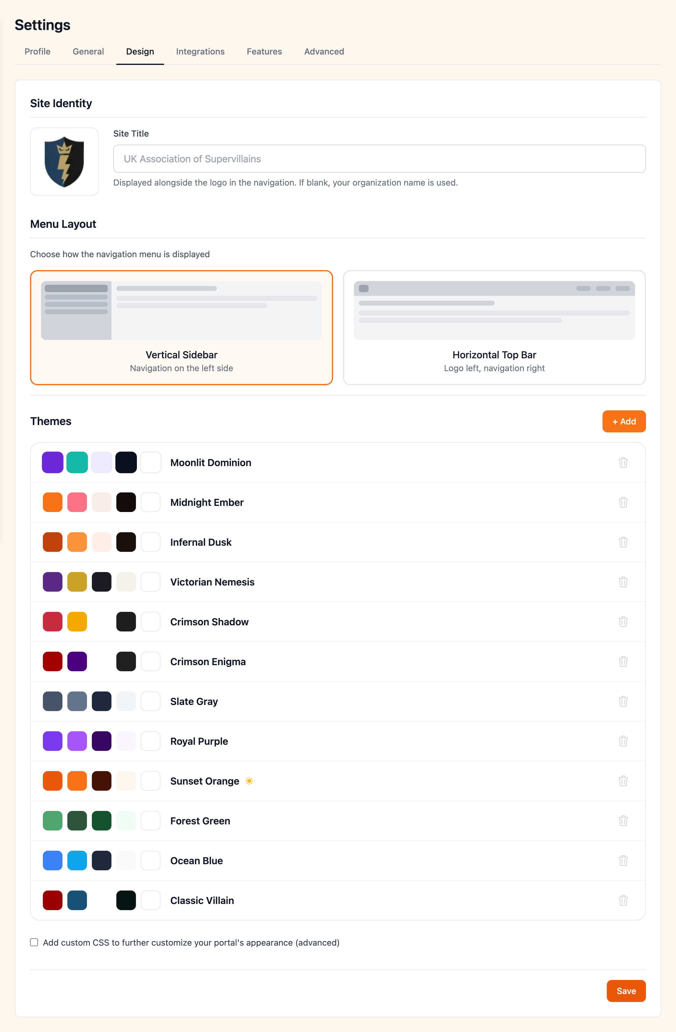 Theme editor with color pickers and live preview
