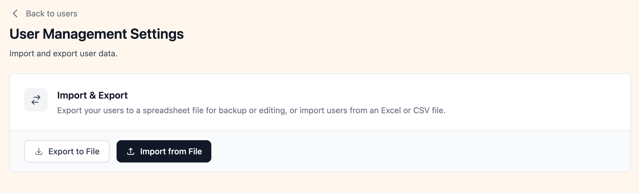 User management settings with registration and login options
