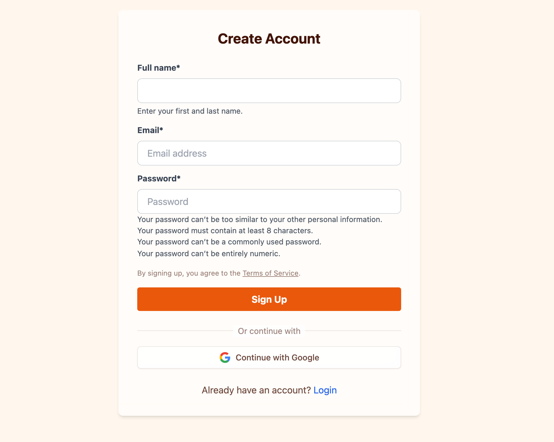 Public signup page with registration form